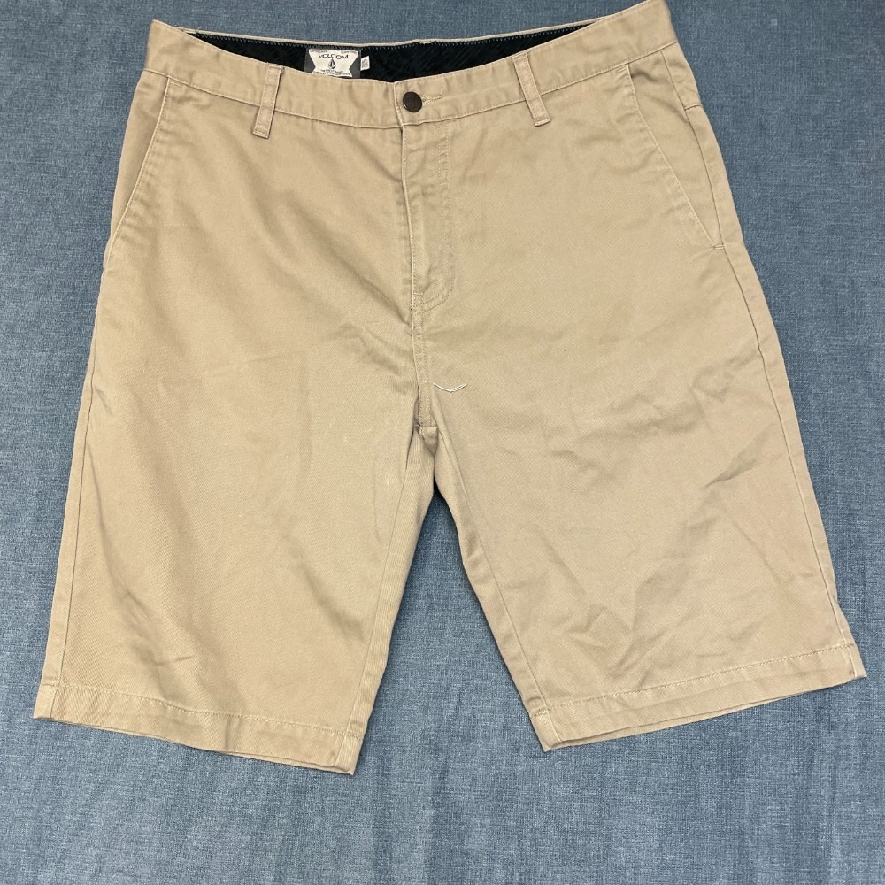 Volcom Chino Shorts Mens 32 Beige Cotton Logo Flat Front Performance Light Wash